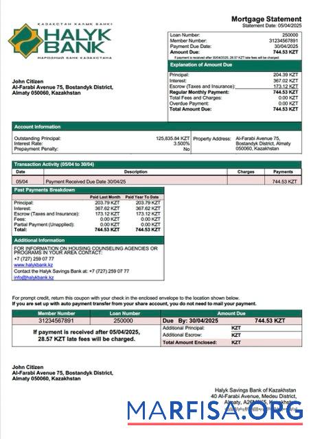 Realistic Kazakhstan Halyk Savings Bank of Kazakhstan mortgage statement Word and PDF template